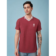 FanCode Shop Maroon Textured Premium Cotton Neck Polo T-Shirt