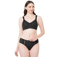 SOIE Women's Minimiser Non-padded Non-wired Bra With High Waist Panty Black (Set of 2)