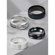 Yellow Chimes Mens Stainless Steel Silver Black Rings (Pack of 4)