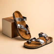 MOZAFIA Lizard Grain Silver Cork Sandals for Women