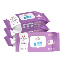 Mylo Care Gentle Baby wipes with 98% Pure Water, Coconut Oil & Neem With Lid - Pack of 4