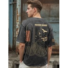 Bewakoof Men's Black Freedom Sounds Graphic Printed Oversized Acid Wash T-shirt