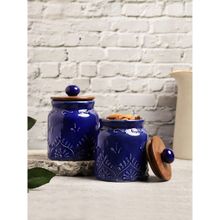VarEesha Blue Hand Painted, Embossed Ceramic Air Tight Jars, Barnis
