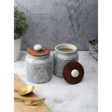 VarEesha Gray Shaded Embossed Handmade Ceramic Air Tight Jars, Barnis with Wooden Lids