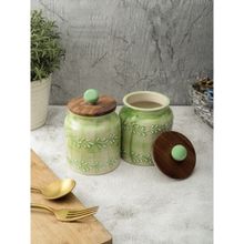 VarEesha Green Shaded Embossed Handmade Ceramic Air Tight Jars, Barnis with Wooden Lids