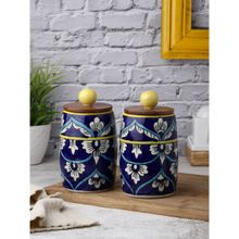 VarEesha Hand Painted Blue White Floral Dholak Ceramic Jars