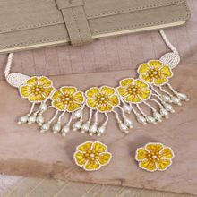Crunchy Fashion Handmade Adjustable Flower White and Yellow Beads Choker Beads Fabric Necklace Set