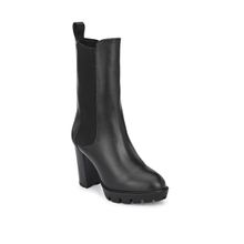 Delize Black Solid Women Vegan Leather Calf Length