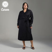 Twenty Dresses by Nykaa Fashion Curve Black Solid V Collared Neckline Tie Up Wrap Midi Dress