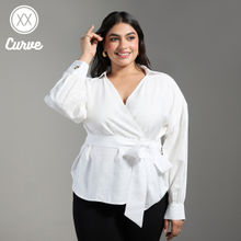 Twenty Dresses by Nykaa Fashion Curve White Solid Collared V Neck Tie Up Wrap Top