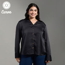 Twenty Dresses by Nykaa Fashion Curve Black Solid V Neck Collared Full Sleeves Shirt