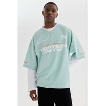 H&M Men Green Oversized Fit Printed mesh t-shirt