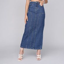 MIXT by Nykaa Fashion Blue High Waist Straight Fit Solid Column Denim Maxi Skirt