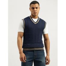 United Colors of Benetton Navy Blue Regular Fit V-Neck Self Design Sweater