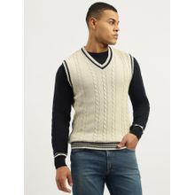 United Colors of Benetton Off White Regular Fit V-Neck Self Design Sweater