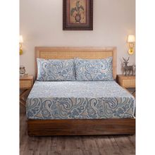 Maspar Vintage Exotic Heritage Modern Paisely 400Tc Cotton Blue King Bed Sheet With 2 Pillow Covers