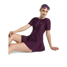 Speedo Women's Enduraflex Closedback Sleeved Swimdress With Boyleg - Plum Dandy & Lilac Breeze