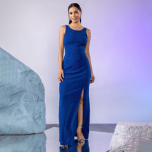 Twenty Dresses by Nykaa Fashion Electric Blue Shimmer Slit Gown