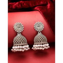ADIVA Silver-Plated Ad Stone and Pearls Oxidized Temple Jhumka Earrings