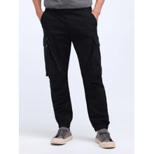 Flying Machine Jogger Fit Solid Cargo Trousers- Black