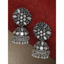 OOMPH Oxidised Silver Mirror Kundan Floral Jhumka Earrings