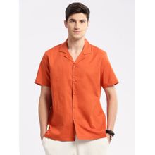 SHOWOFF Mens Short Sleeves Cuban Collar Cotton Solid Orange Casual Shirt