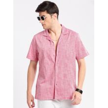 SHOWOFF Mens Short Sleeves Cuban Collar Cotton Textured Pink Casual Shirt