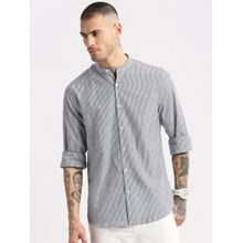 SHOWOFF Mens Long Sleeves Mandarin Collar Vertical Stripes Grey Casual Shirt