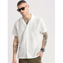 SHOWOFF Mens Short Sleeves Cuban Collar Cotton Self Design White Crochet Shirt