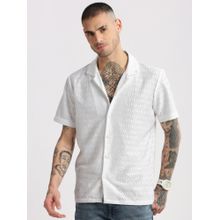 SHOWOFF Mens Short Sleeves Cuban Collar Cotton Self Design White Crochet Shirt