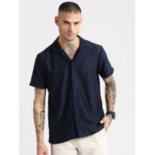 SHOWOFF Mens Short Sleeves Cuban Collar Cotton Self Design Navy Blue Crochet Shirt