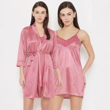 Clovia Short Bridal Night Dress With Robe - Satin & Lace - Pink
