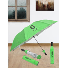 FABINALIV Green Solid Waterproof 3 Fold Compact Bottle Umbrella with Cover