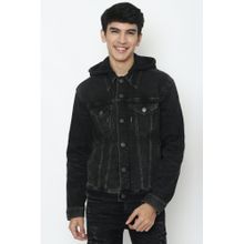 American Eagle Men Black Hooded Denim Jacket