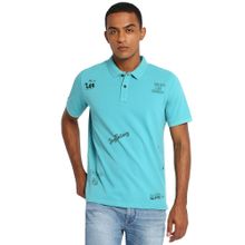 Lee Men Turquoise Placement Print Slim Fit Polo T-shirt