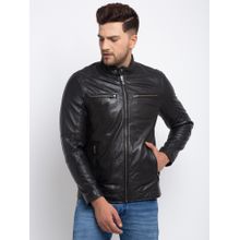 Teakwood Men Black Solid Lightweight Genuine Leather Jacket