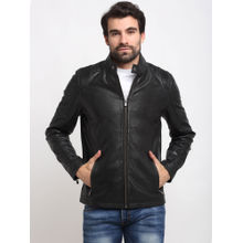 Teakwood Black Solid Genuine Leather Biker Jacket