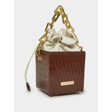 Styli Women's Brown Textured Drawstring Closure Bucket Bag with Wide Chain