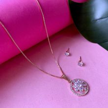 I Jewels Rose Gold Plated CZ American Diamond Chain Pendant Necklace Set