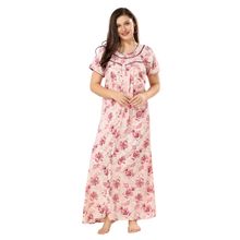 PIU Full Front Open Plus Size Cotton Half Sleeves Floral Print Nighty-Red (XL)