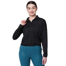 Fitkin Women Black Polo Neck T-Shirt