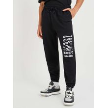 Styli Men Oversized Fit Cotton Terry Black Joggers with Print Detail