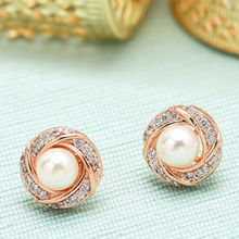 Zaveri Pearls Rose Gold Cubic Zirconia & Pearl Contemporary Brass Stud Earring (ZPFK10093)