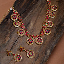 Zaveri Pearls Red & Green Stones Floral Choker Necklace & Earring Set - ZPFK8982