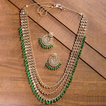 Zaveri Pearls Kundan & Green Beads Multi Layered Long Bridal Necklace & Earring Set - ZPFK9418