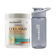 TrueBasics CollaSkin with Grey Sipper Bottle, 200 g Marine Collagen Peptides, Orange