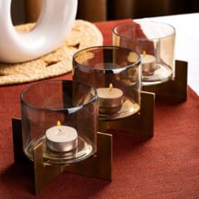 The Pitara Project Gold T Light Holder Metal Stand Trio
