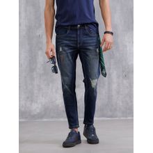 WROGN Blue Solid Skinny Crop Distressed Jeans