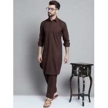 Jompers Men Coffee Brown Cotton Solid Pathani Kurta with Salwar