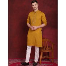 Jompers Men Mustard Embroidered Sequined Kurta with Pyjama